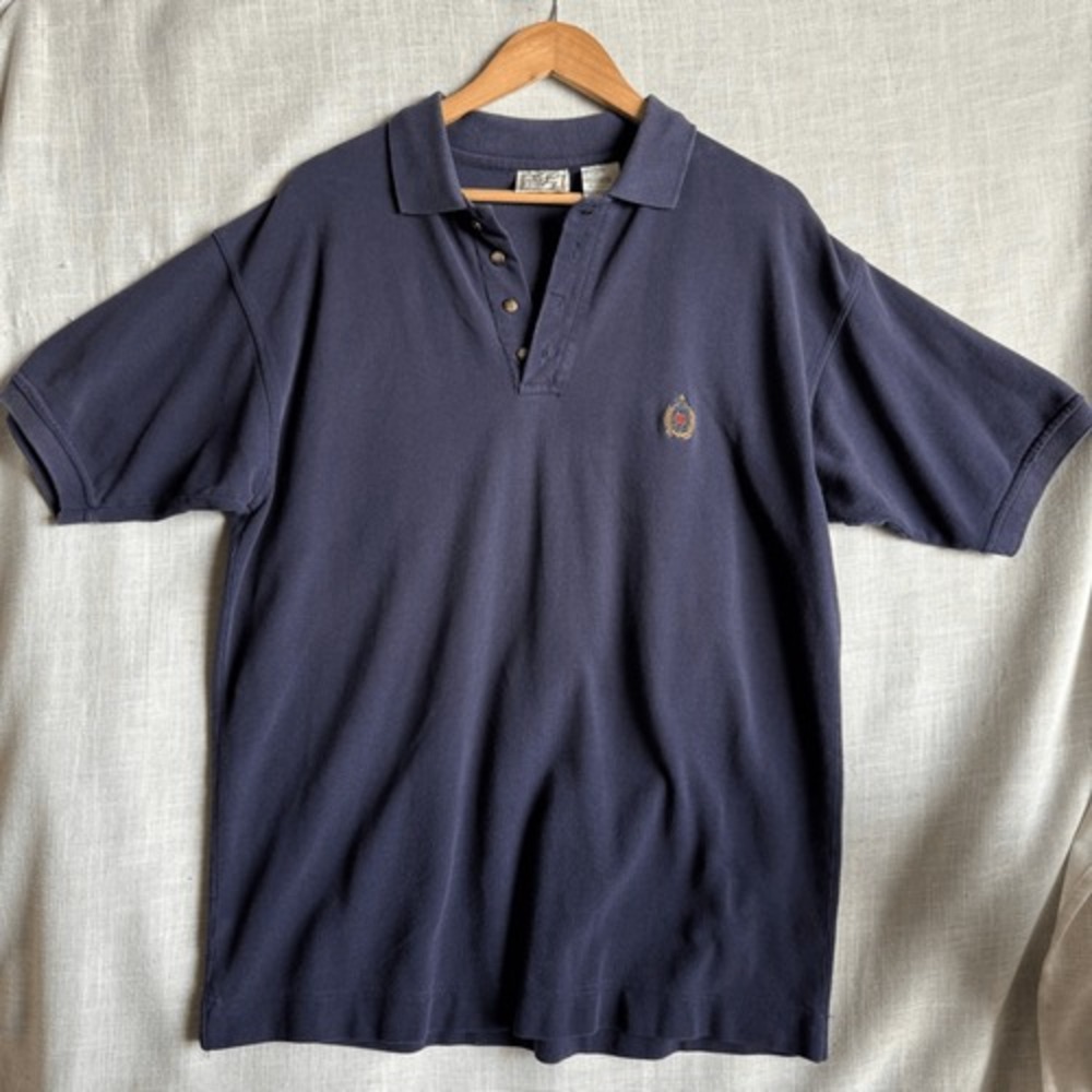 Vintage Bugle Boy Polo Shirt Mens L Crest Embroidery Navy 90s Y2K Preppy Classic